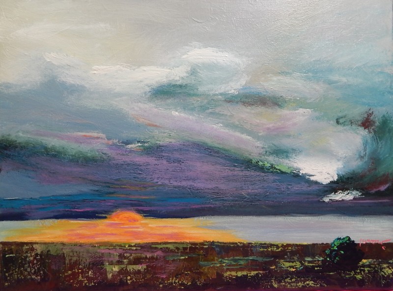 ORIGINAL ART LANDSCAPE PAINTING SUNSET SMITH MTN LAKE SW VA USA BY SUE FURROW