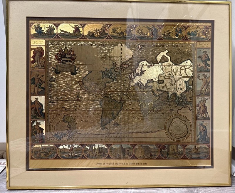 Vtg Gold Foil Old World Map Moses Pitt Nova Totius Terrarum Orbis Geographica