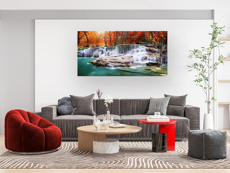 Red Forest Waterfalls Canvas Art - Modern Landscape Wall Decor Ready to Hang gallery