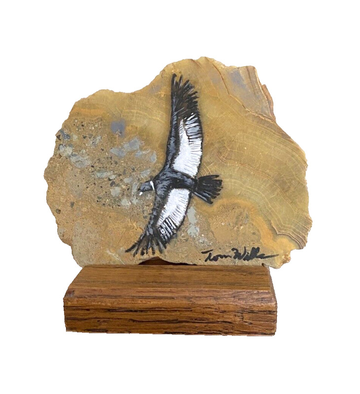 Hand Painted Bird Art Work On Stone Rock Slab – Signed by Artist – on Wood Stand
