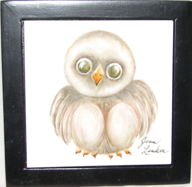 Signed Baby Owl Tile ~ Black Frame 4 1/2" by 4 1/2" ~ Adorable Baby Bird
