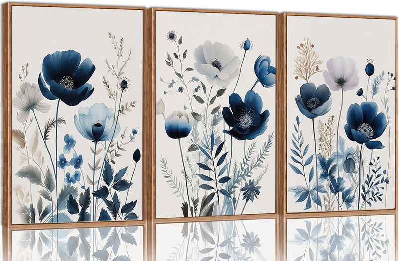 Navy Blue Floral Canvas Art Set – 3 Piece Watercolor Botanical Prints