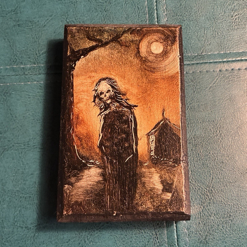 Cody A. Strawn Signed 2016 Original small Wood Painting Figure House Moon Gothic