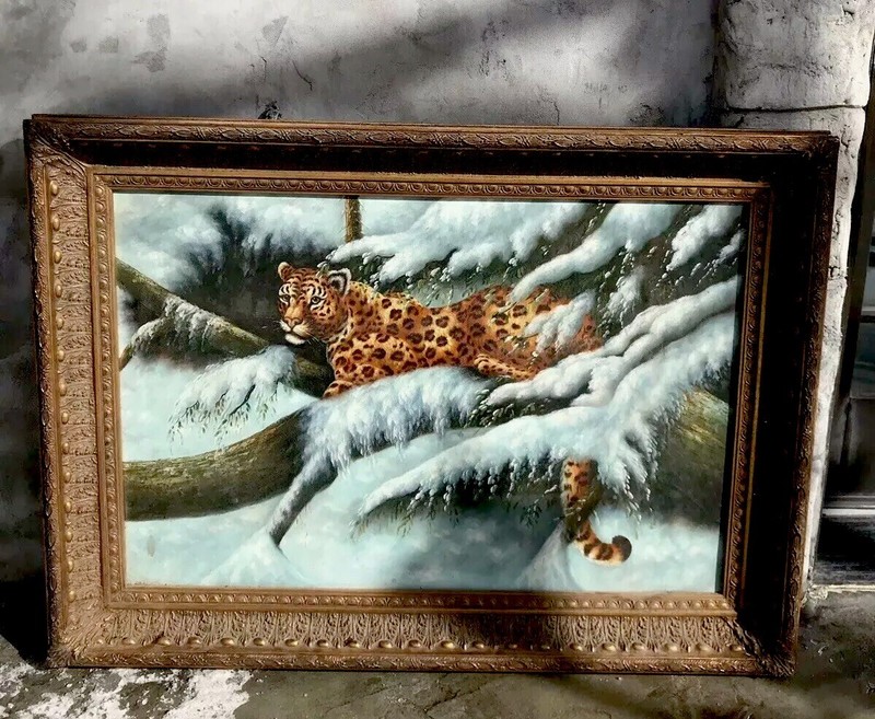 Beautiful 30.5”x43 Framed Oil Painting Of Leopard in Snow Antique Style Wild Cat