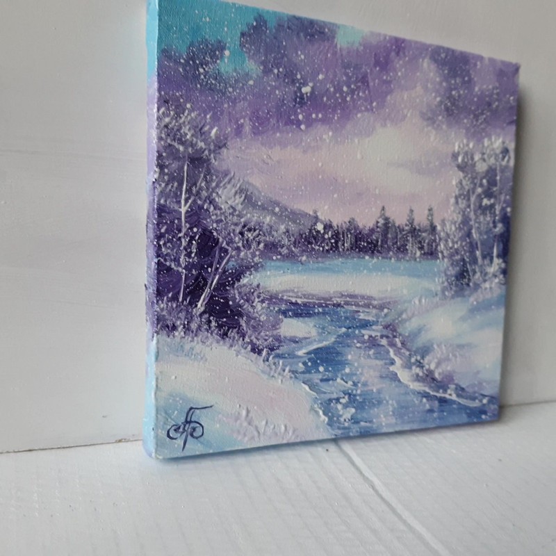 Original Winter River Landscape Oil Painting Morning Snowfall Blue Purple Art gallery