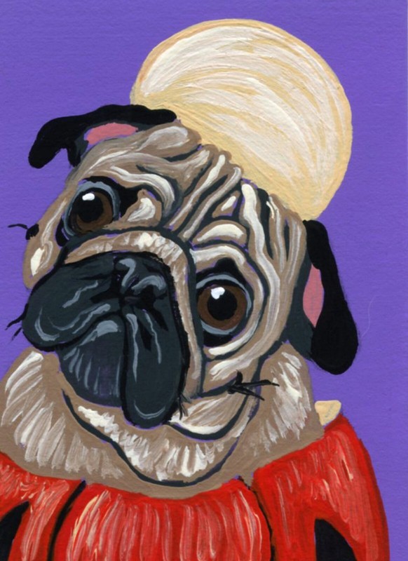 ACEO ATC Original Miniature Painting Halloween Pug Pumpkin Art -Carla Smale