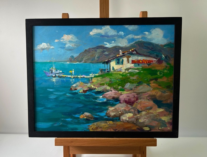 Oil Painting House By The Sea Y. Suprunchuk Summer Landscape Mountains nAAA5692