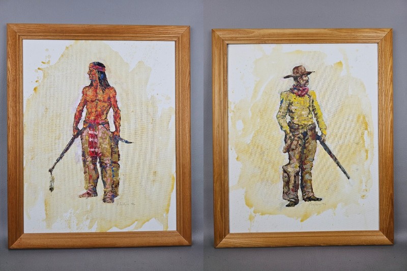 2 Original Native American Indian & Western Cowboy Art Painting Signed Phillips