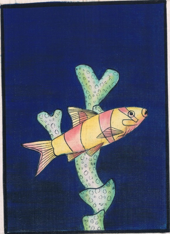 Handmade Painting Of A Colorful Fish on Silk Cloth 7x9Inches gallery