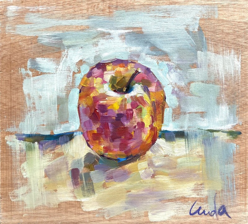 Handmade Still Life with Red Apple Oil Painting on Wood Board Size 13×12 inches