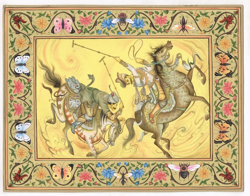 Hand Miniature Painting Indian King Playing Polo Game With His Friend 13×10 Inch