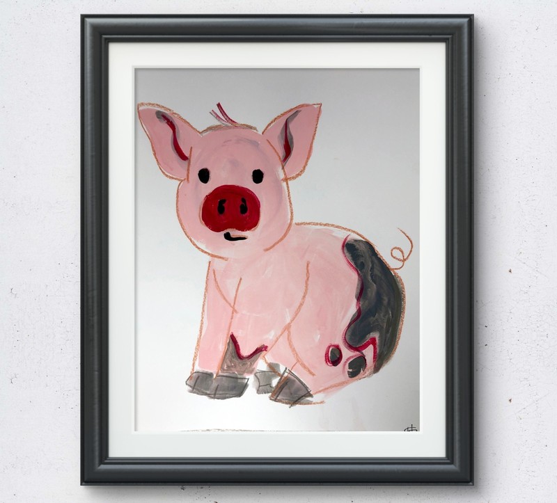 Playful piglet expressionist fine wall art painting 14X11 Gallery Paper original