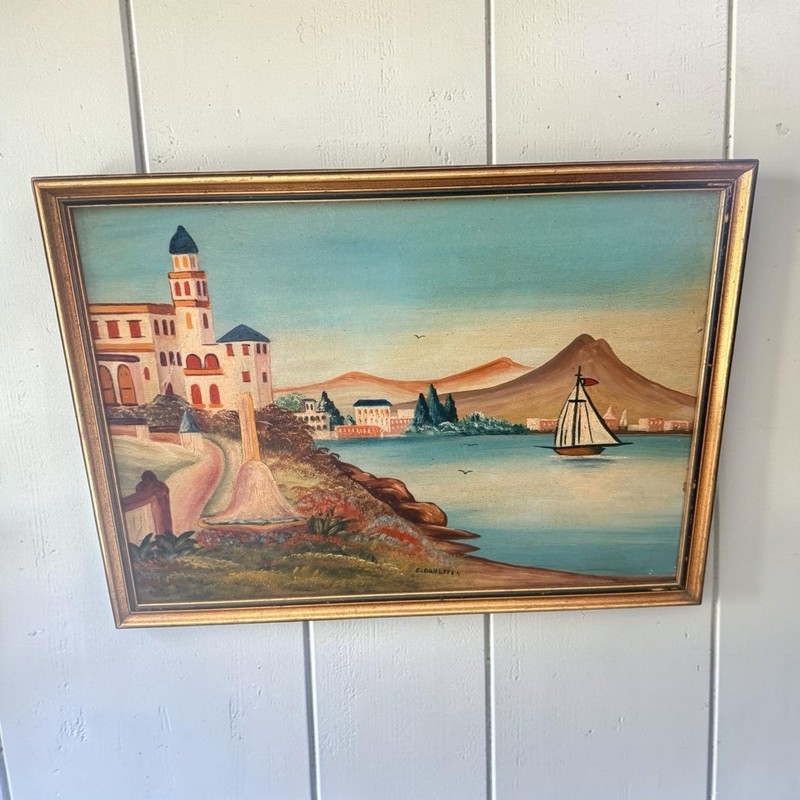 Vintage Oil Painting Boat Lighthouse Seascape Ornate Gold Framed Signed Original