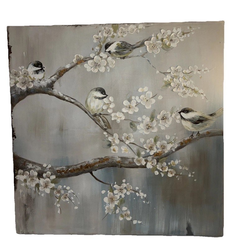 39×39 Chickadee Rustic Farmhouse Bird Art White Blossoms Branch Nature Canvas