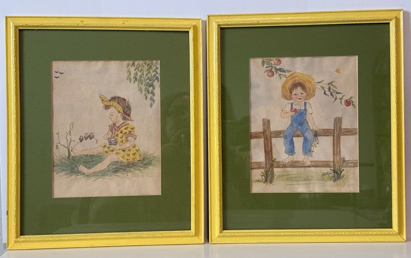Vintage Pair of Original Watercolor on Paper Paintings (1944) Framed Child Art