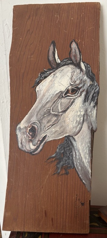 Horse Painting By Rosalie Adams on Wood Slab Rustic Farm Country Art 7 X 18