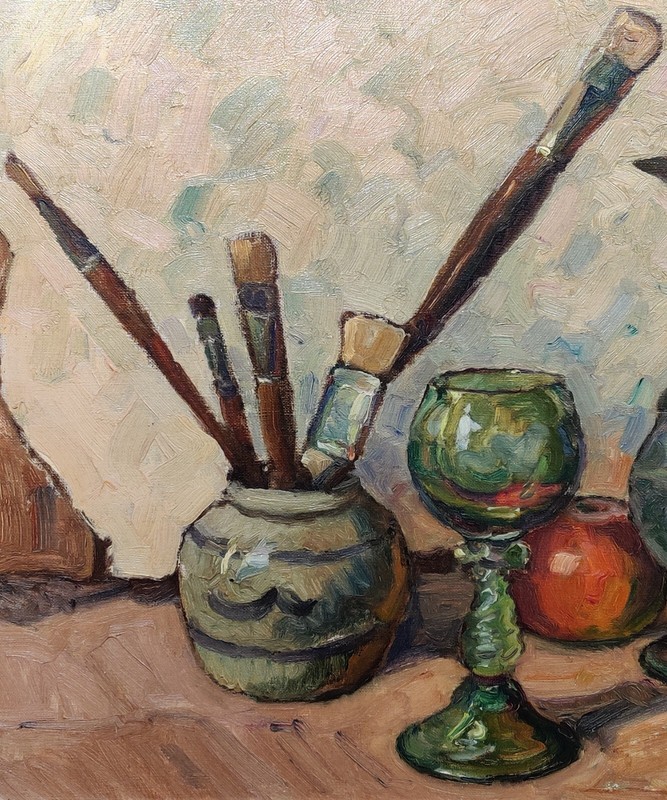 Alfred V. Jensen (1891-1981): STILL LIFE WITH BRUSHES AND ORIENTAL JUG gallery