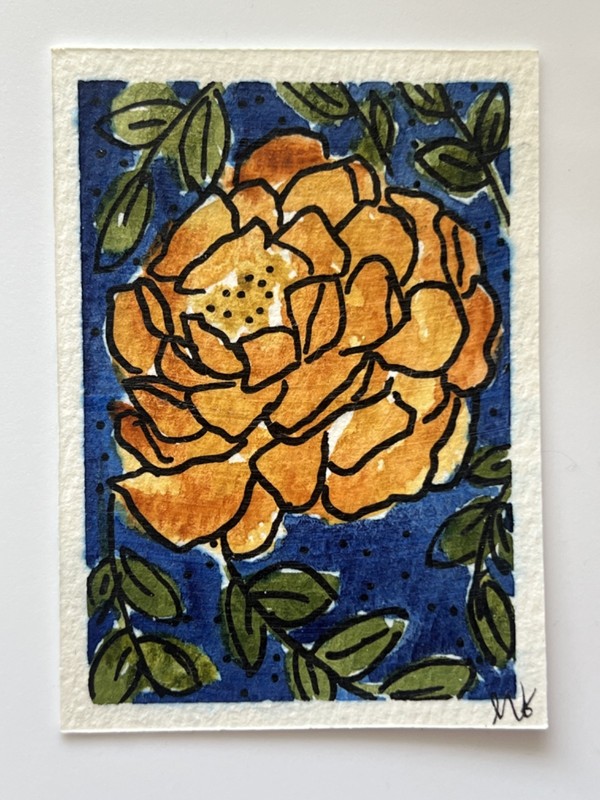 ACEO - Abstract Gold Flower watercolor and black pen OOAK Signed/Dated gallery