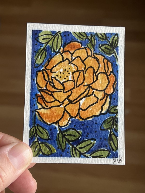 ACEO – Abstract Gold Flower watercolor and black pen OOAK Signed/Dated