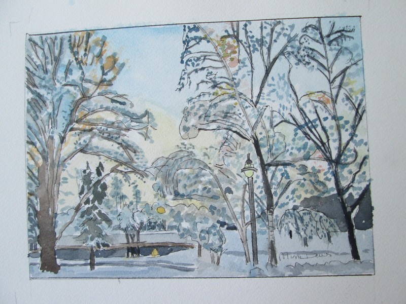 DANA IN WINTER, WELLESLEY, MA / ORIG W/C / 12″ X 9″ / MIMI DAVIS, ARTIST
