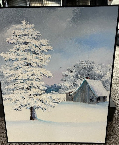 VINTAGE MAE SIBLEY OIL ON CANVAS TITLED «WHEN WINTER TOOK OVER» 1913-2002 GREAT