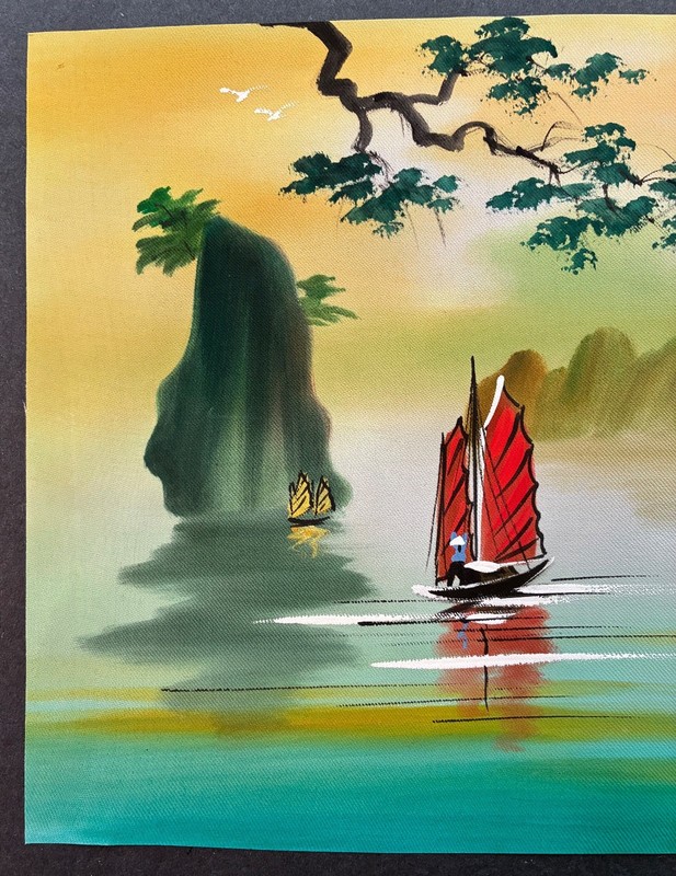 MidCentury SIGNED MINIATURE CHINESE OIL PAINTING on Fabric 12 1/4” x 8 1/4" gallery