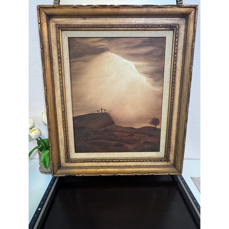 Original Signed Brenda S. Calvary 3 Crosses Religious Landscape Painting Framed gallery