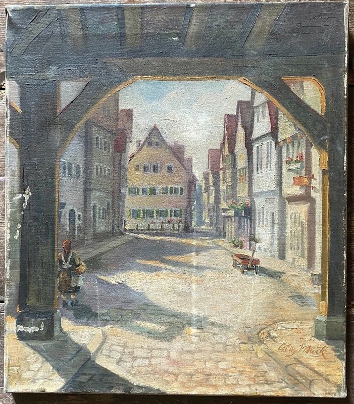Oil painting old town gate passage who knows the place? Marketplace Willy Mack?