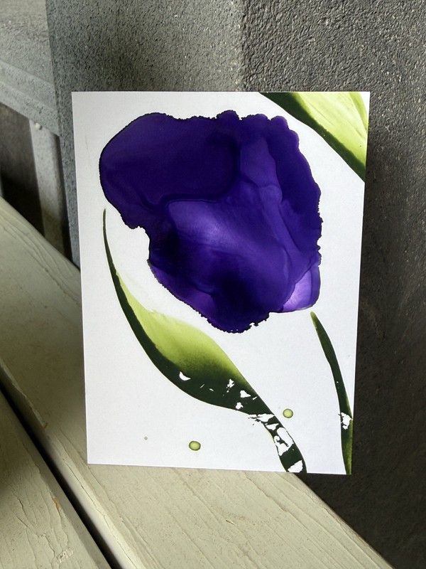 ACEO #083 Alcohol Ink Purple Flower, green leaves, Hand Painted, Original