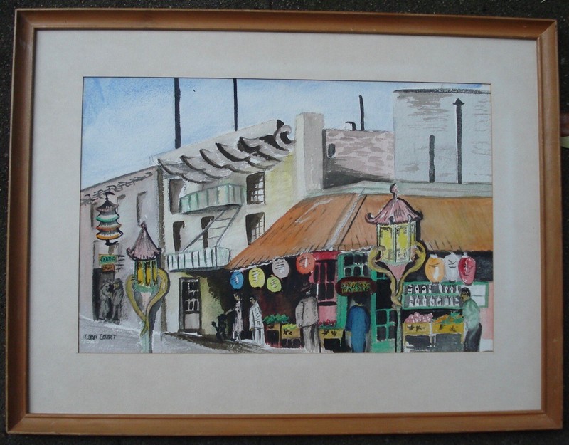 original modernist watercolor Monterey California Chinatown by M. Van Court