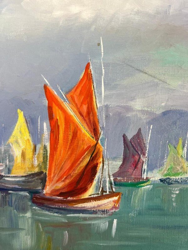 Vintage Coastal Ocean Landscape Oil Painting Seascape Ships Boats Art JM Calmar gallery