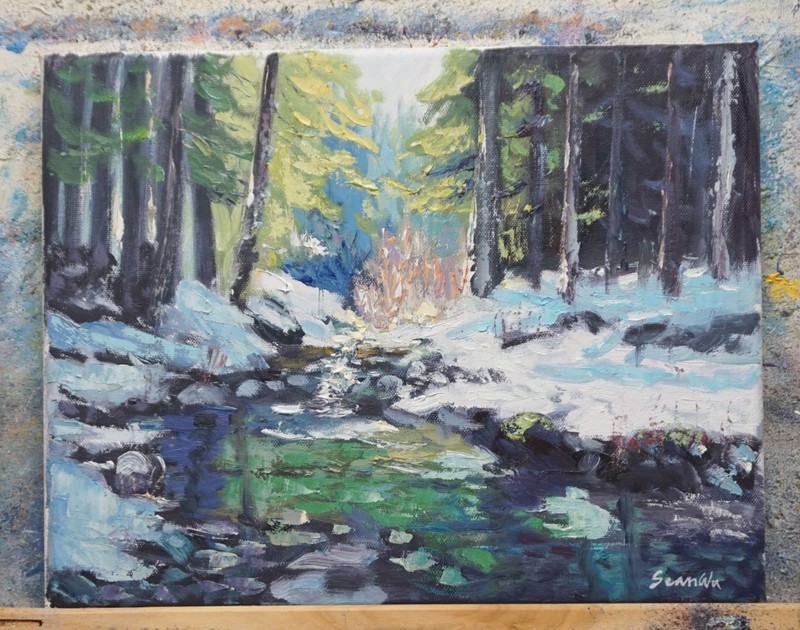Sean Wu original oil, 11x14 on stretched canvas， spring stream gallery