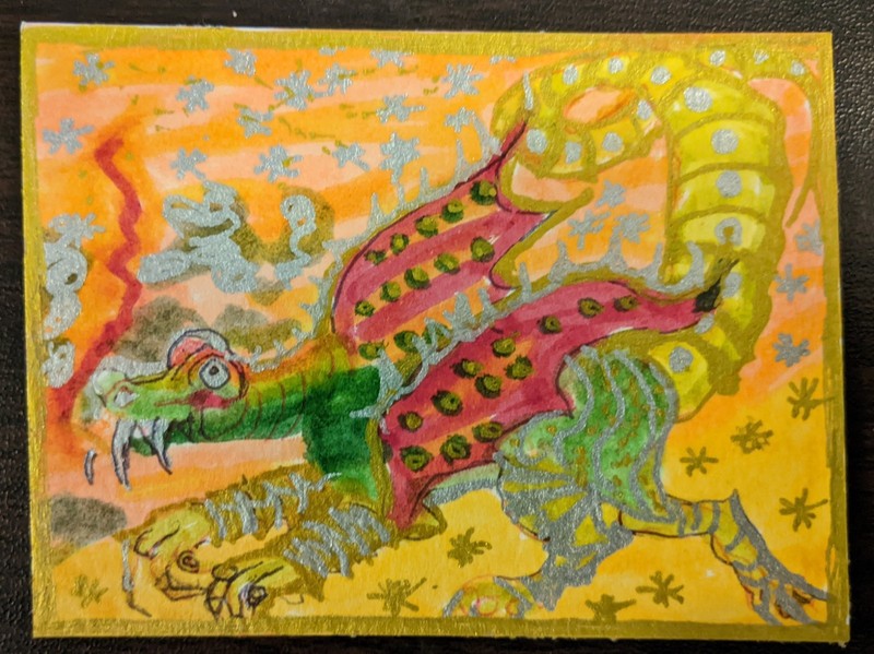 ACEO Original Painting markers Signed Funny Colorful Shiny Dragon