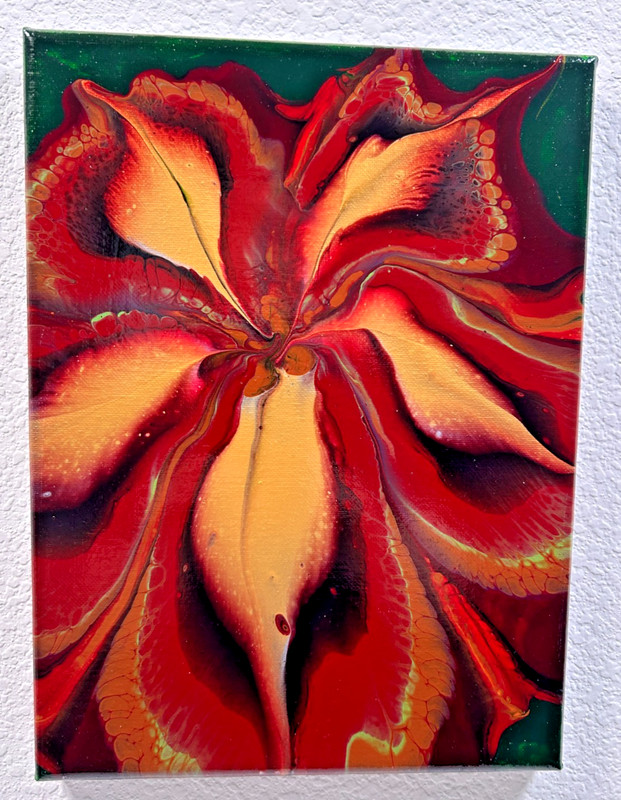 Original Painting On Canvas Fluid Pour red gold flower 9 x 12 x .75