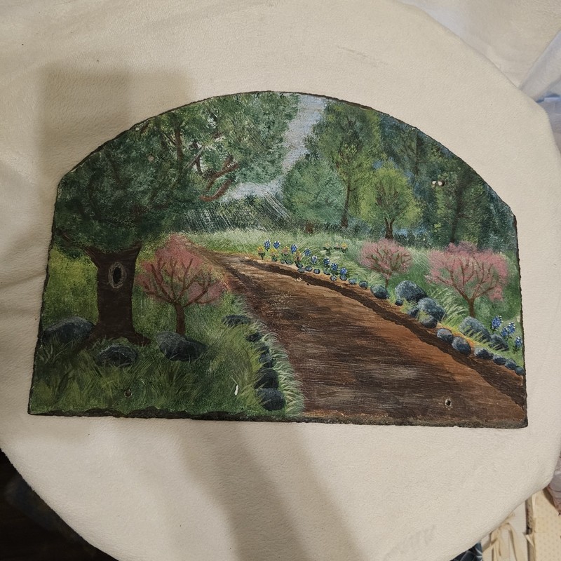 Vintage Hand Painted Slate Walking Path And Flowers Scene Landscape 13x9.5in gallery