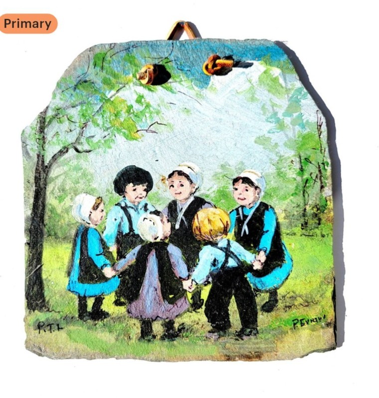 Oil On Slate Painting Amish PA Dutch Children Ring Around Rosie P. Evrard