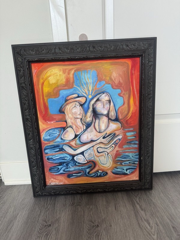 vintage abstract painting original man and woman at sunset
