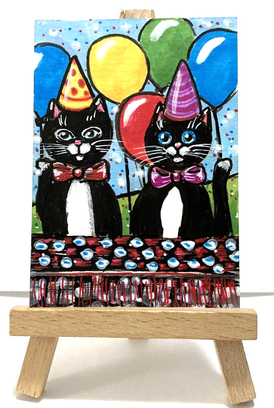 Black Cats Birthday Party Original ACEO Mixed Media Illustration amylenore gallery