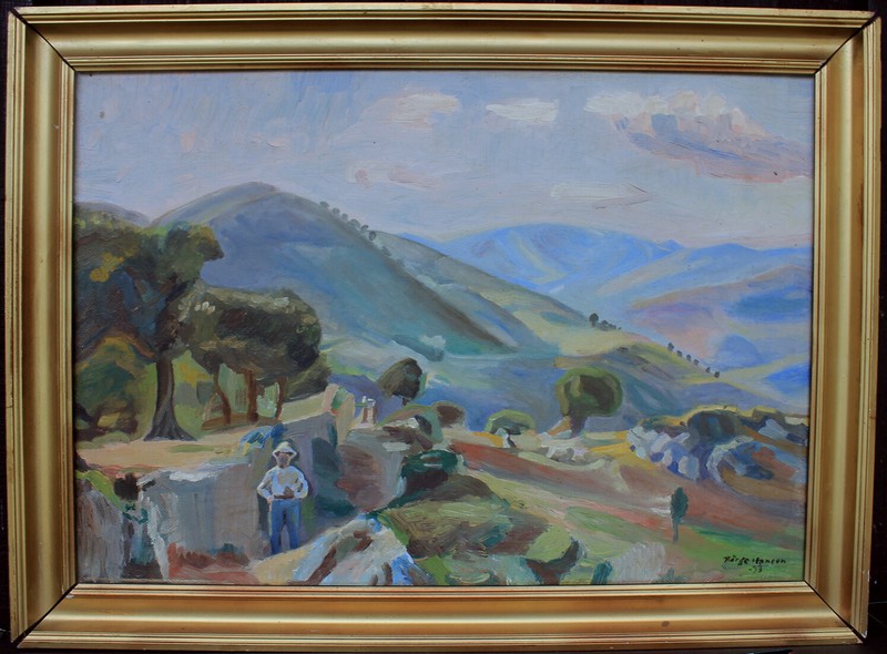 Boerge Hansen. Mountain landscape with a figure. Italy 1955.