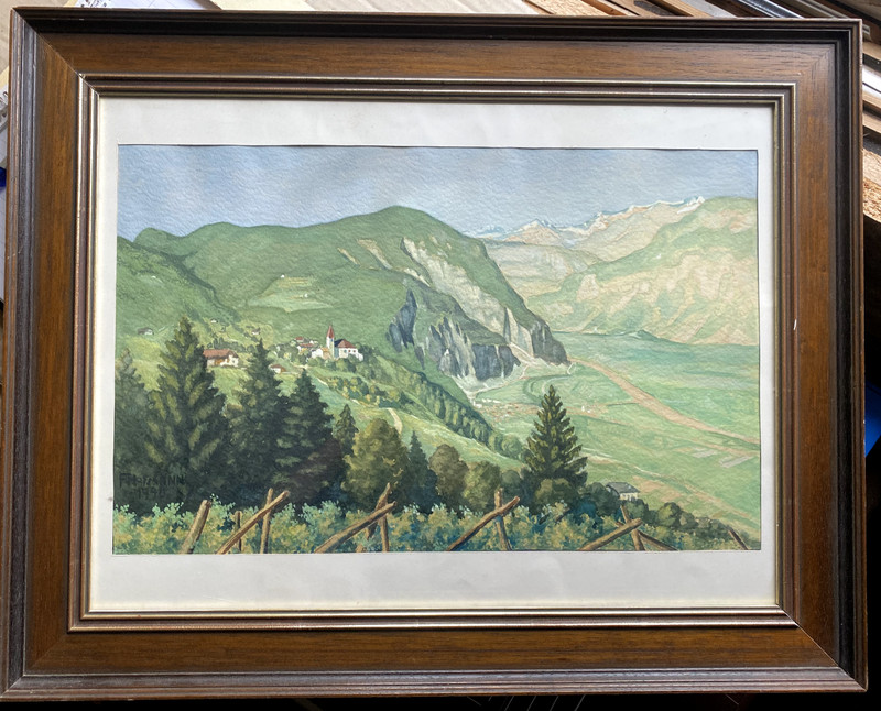 ::AQUARELL GRÜNES TAL BERGE DORF MIT KIRCHE RAHMEN TANNEN F. HOFFMANN LANDSCHAFT