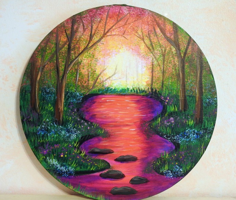 12 Inch Round Landscape Acrylic Painting Sunset Glow through the Calm River