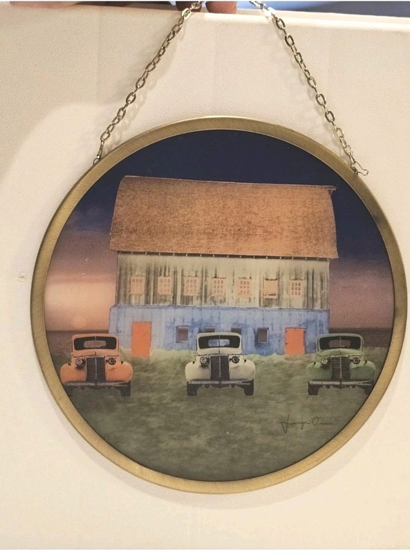 9″ Reverse Painting On Glass Barn Cottage @ Sunset W/ 1940’s Chevy Pickups
