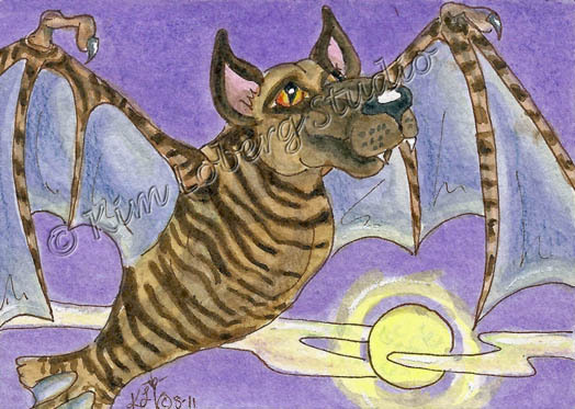 ACEO Original Halloween bat dog Great Dane puppy moon Loberg Tiny Fantasy Art