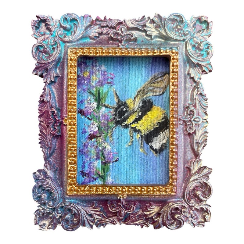 Bumblebee & Lavender miniature art watercolor print in vintage ornate frame