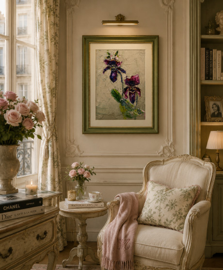 Unique Black Orchid oil on cardboard palette knife painting. Signed,Impression. gallery
