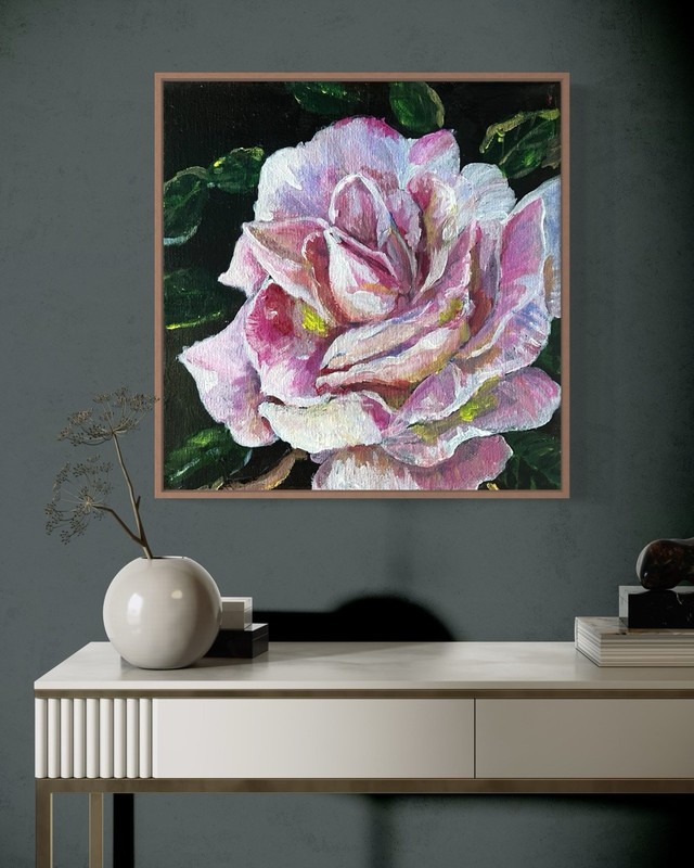 Original Rose Flower Acrylic Stretched On Canvas 8 x 8 Signed by Artist M.C