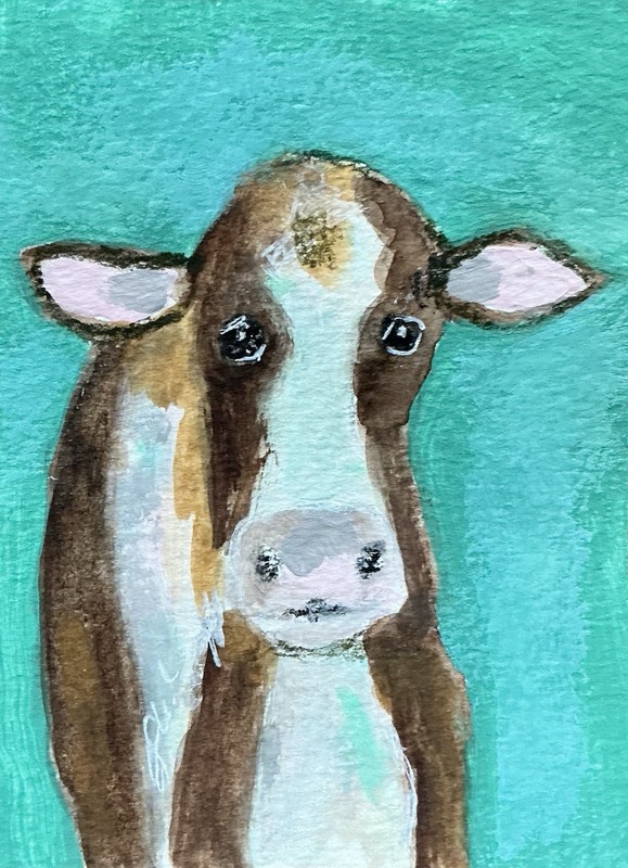 Aceo Gouache Painting By Kenna Whimsy Cow 2.5” X 3.5” Signed Original gallery