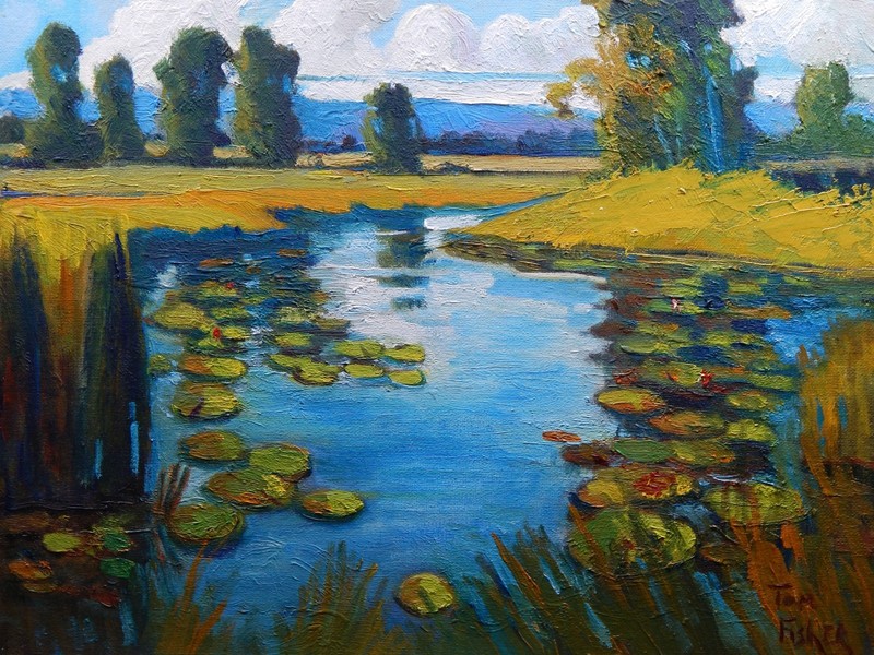 river marsh lily field realistic Impressionism oil Painting landscape Tom Fisher