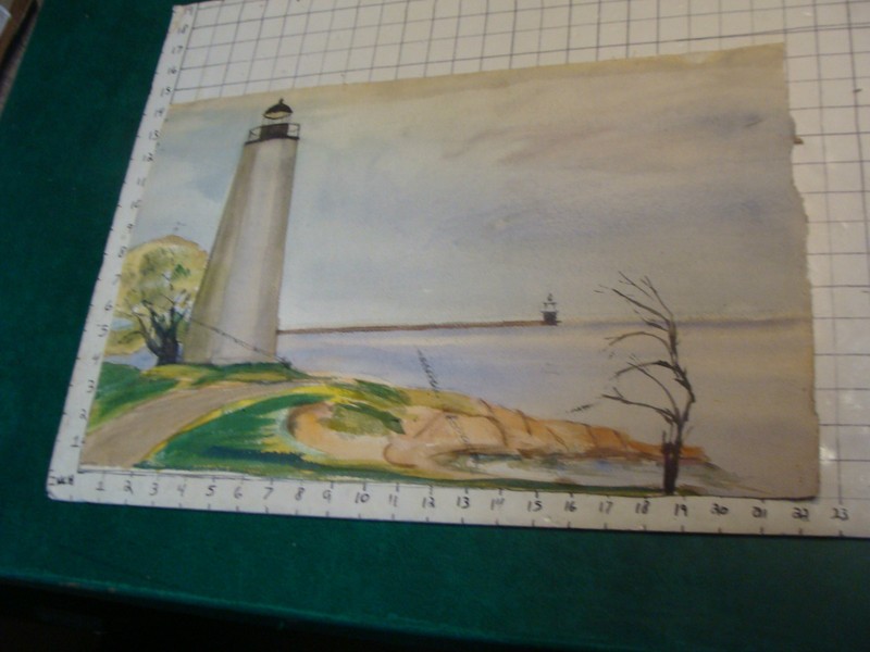 vintage Watercolor: coast with LIGHTHOUSE, some stray black lines on this