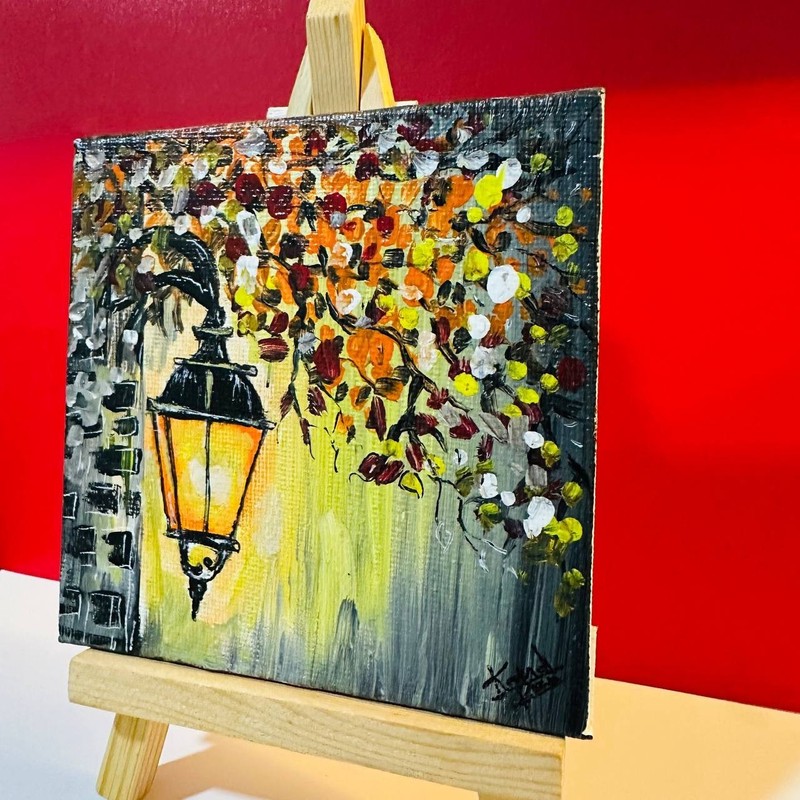 Original Canvas Acrylic Painting Street Lamp Floral Night Warm Glow 10cm*10cm gallery